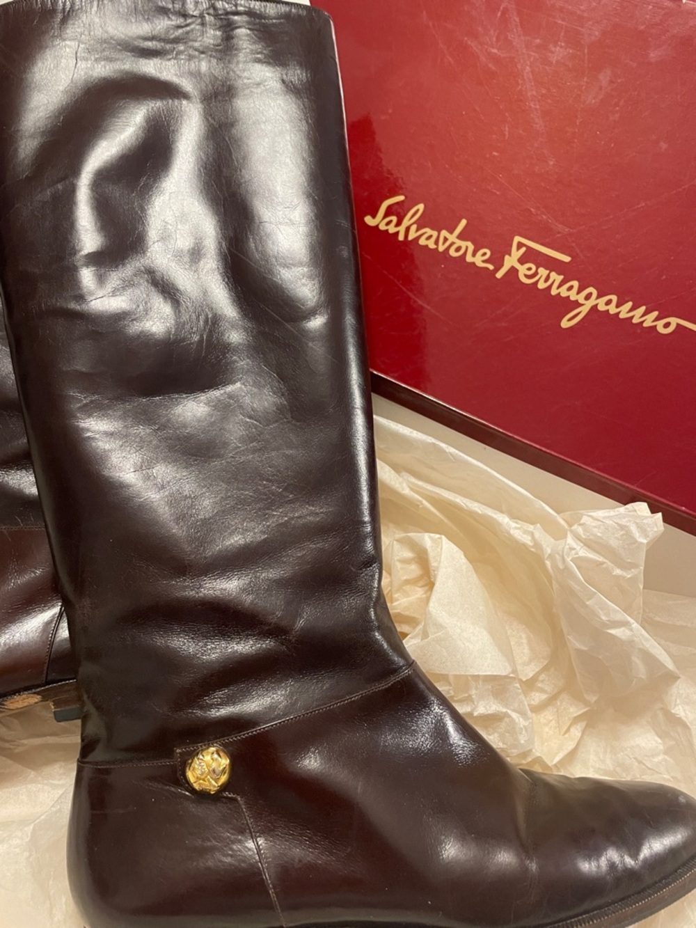 Salvatore Ferragamo Dark Brown Leather Boots with Gold Accent